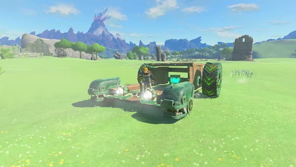 Gameplay image of Link driving a strange tractor-like vehicle.