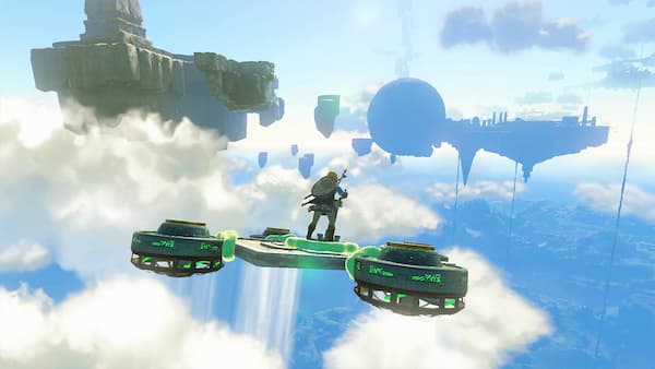 Gameplay image of Link flying through the sky on a strange machine.