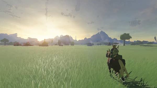 Gameplay image of Link riding a horse across a grassy field.