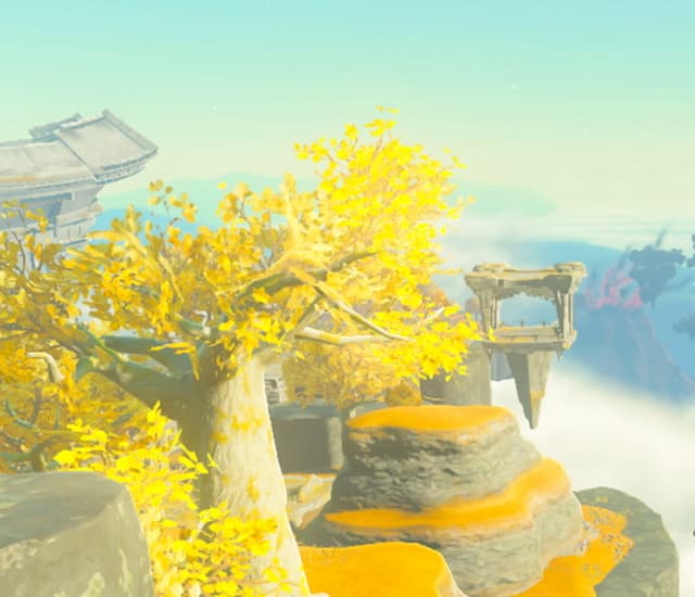 Gameplay image of Link looking out across the sky islands.