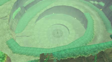 A seal rests in the center of the descending, circular, grassy pathways of the Sealed Grounds.