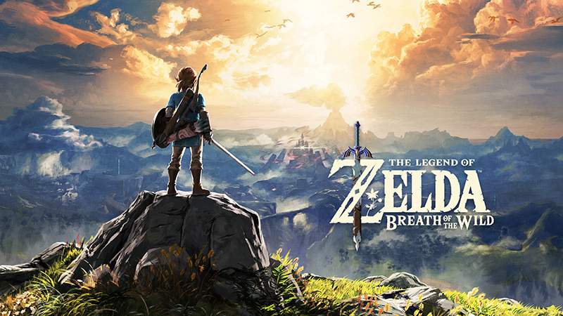 Download wallpaper of Link standing on a rocky cliff overlooking Hyrule.