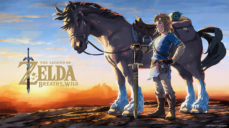 Download wallpaper of Link and his horse Epona from the Legend of Zelda: Breath of the Wild.