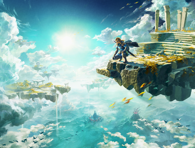 Link kneels at the edge of a floating island in ruins, above more mysterious islands and ominous mountains just visible on the lands below.