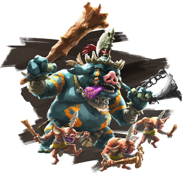 A huge blue Bokoblin brandishes a club and a horn, surrounded by three smaller red Bokoblins.