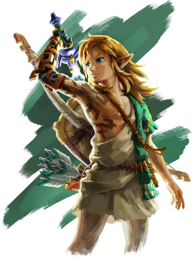 Link's right arm is covered in strange markings as he draws his sword from his back.