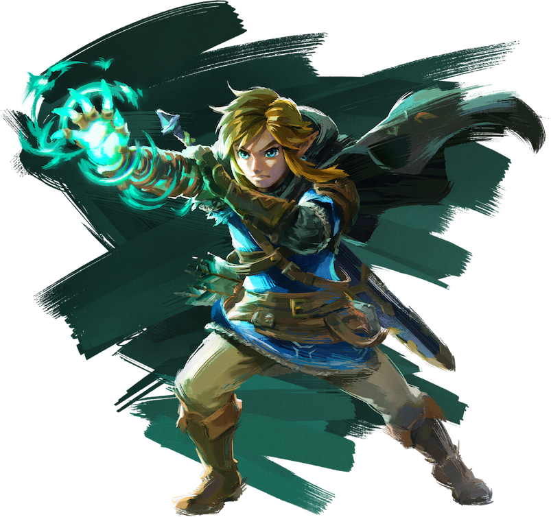 Link's arm glows blue-green as he holds it outstretched, as if taking aim.