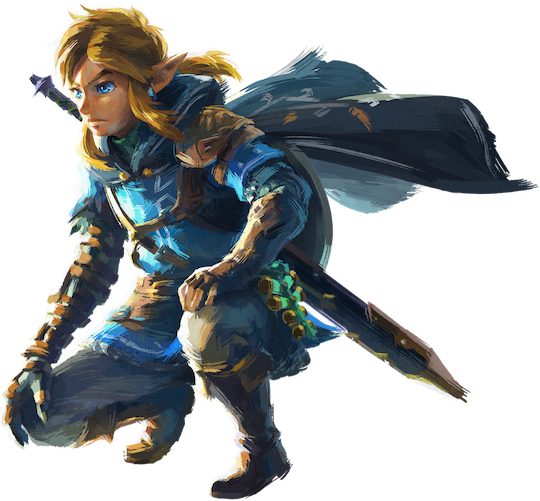 Link is crouched, ready for action, wearing a blue tunic, light leather armor, and a cape that billows out behind him.